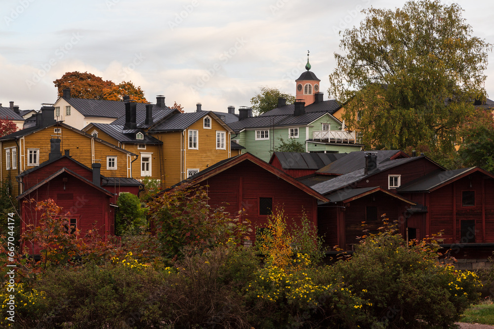 Porvoo, Finland. Old wooden red houses in old town of Porvoo