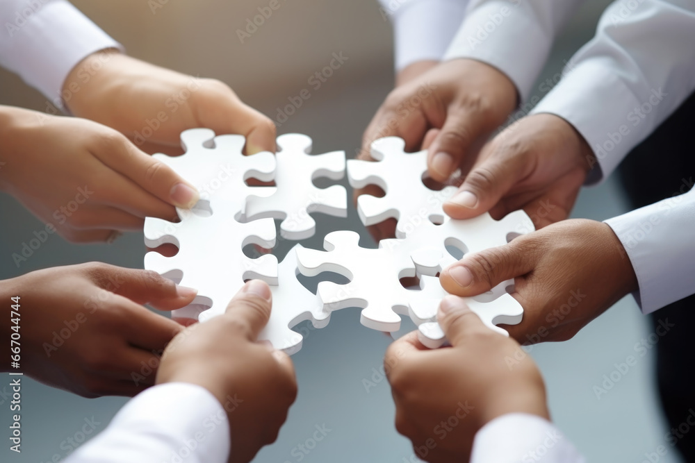 Business hands, puzzle and group of people for solution, teamwork and goals, integration and success. Team building, synergy and collaboration Business hands, puzzle and group of people for solution, teamwork and goals, integration and success. Team building, synergy and collaboration