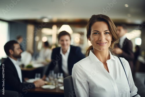 Portrait of Woman dining in a gourmet restaurant with her business team 