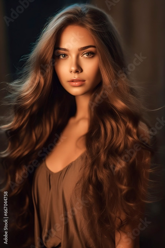 Elegance in Motion: A woman with Long, Wavy Hair in a Busy Market, ai generative