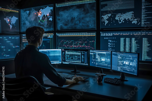In the Heart of Action: A Person Amidst Multiple Computer Monitors, ai generative