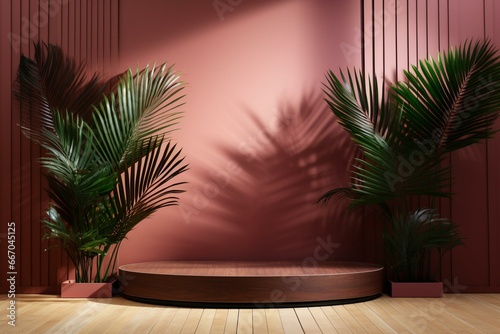 Vivid, vibrant wooden backdrop showcasing a sleek, modern product podium with a palm leaf shadow ideal for showcasing natural products. Generative AI