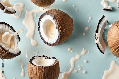 Cracked coconut with splashes of milk photo