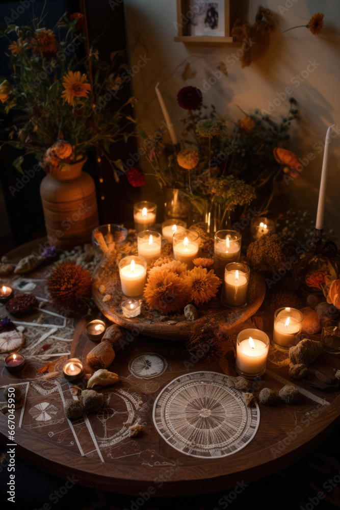 Spiritual altar with esoteric symbols candles and dried flowers for prayer and contemplation