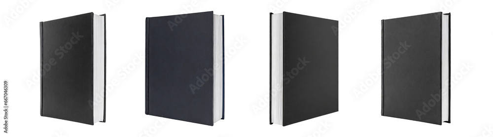 Set of black book cover mockups, front and side view perspectives, template designs, isolated on a transparent background. PNG, cutout, or clipping path. Set of black book cover mockups, front and side view perspectives, template designs, isolated on a transparent background. PNG, cutout, or clipping path.