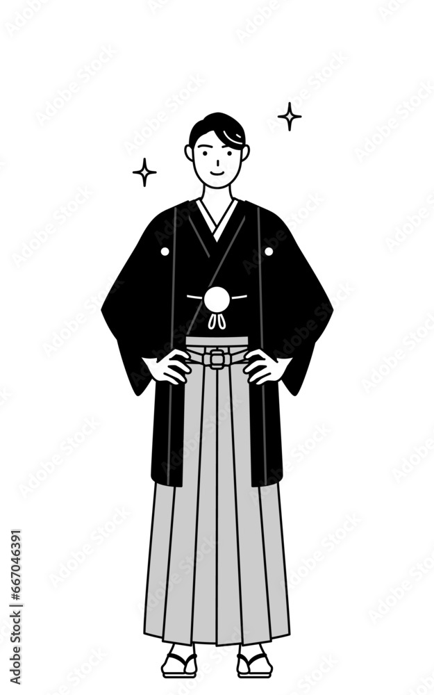 両手を腰に当てた紋付袴姿の男性