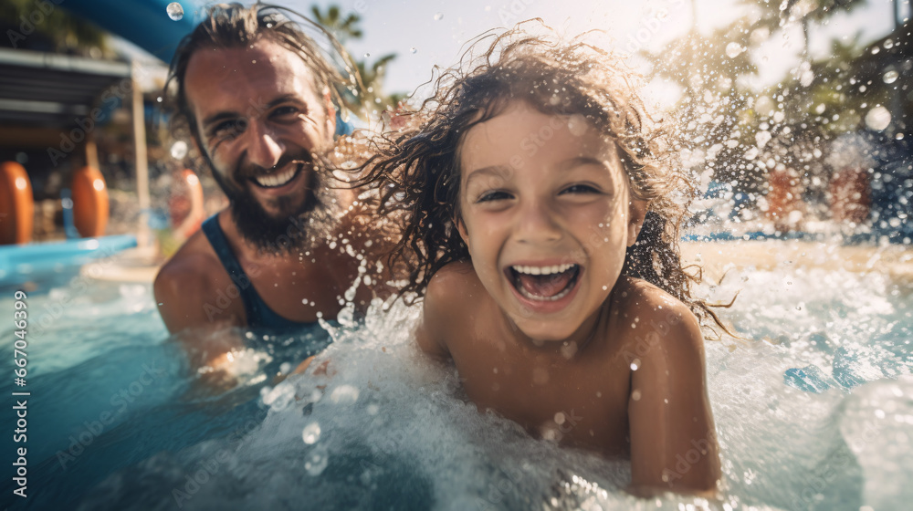 A joyful family is having a fantastic time at the water park. The parents are beaming with delight as they watch their children, their laughter echoing throughout the park. The sun is shining,