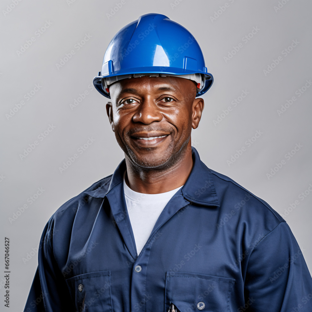 The Black African worker, dressed in blue blouse and white construction