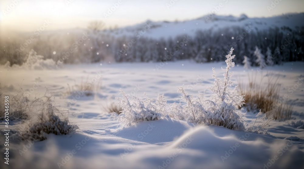 Snowy landscape and grasses, close up