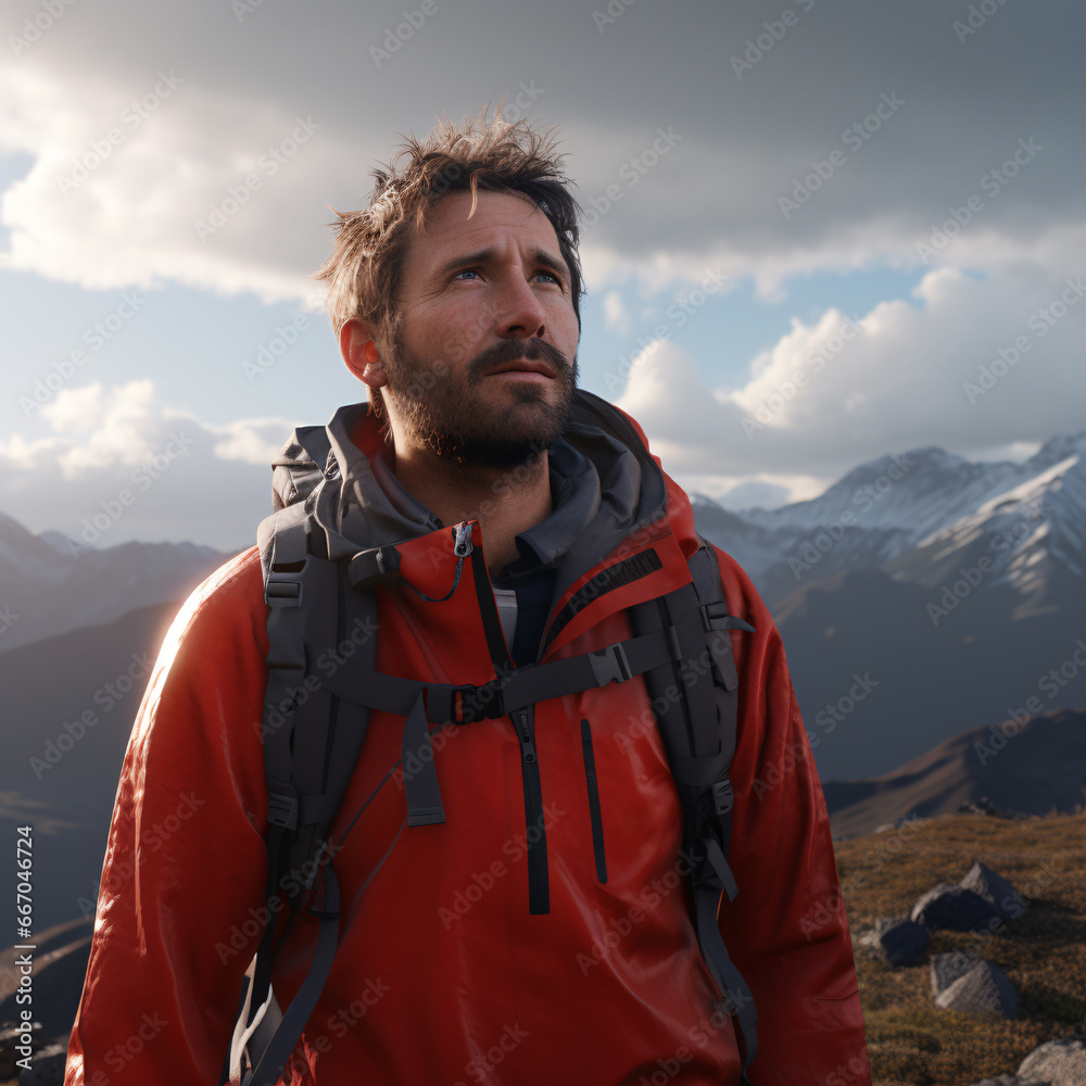 The mountain hiker, clad in durable gear and backpack filled with essentials, stands at the base towering peak, their gaze fixed on the summit.This intrepid individual embodies the spirit of adventure The mountain hiker, clad in durable gear and backpack filled with essentials, stands at the base towering peak, their gaze fixed on the summit.This intrepid individual embodies the spirit of adventure