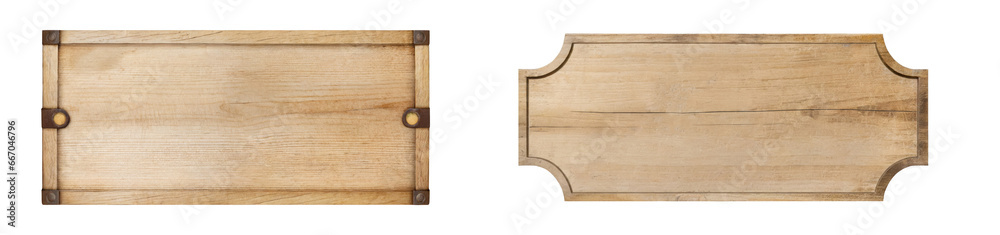 Set of empty wooden planks, boards, billboards, plaques, signposts, and placards, isolated on a transparent background. PNG, cutout, or clipping path.