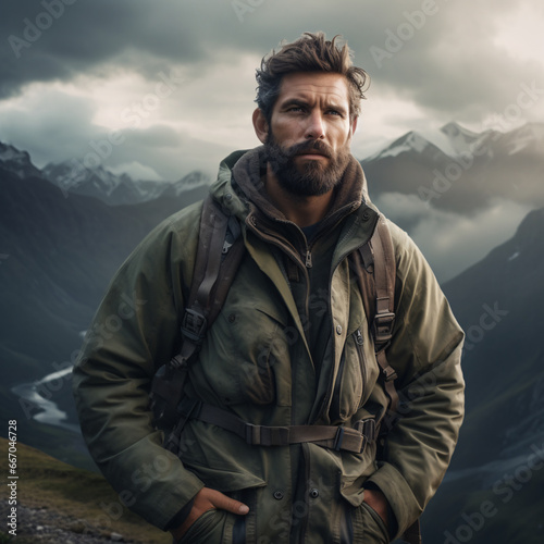 The mountain hiker, clad in durable gear and backpack filled with essentials, stands at the base towering peak, their gaze fixed on the summit.This intrepid individual embodies the spirit of adventure