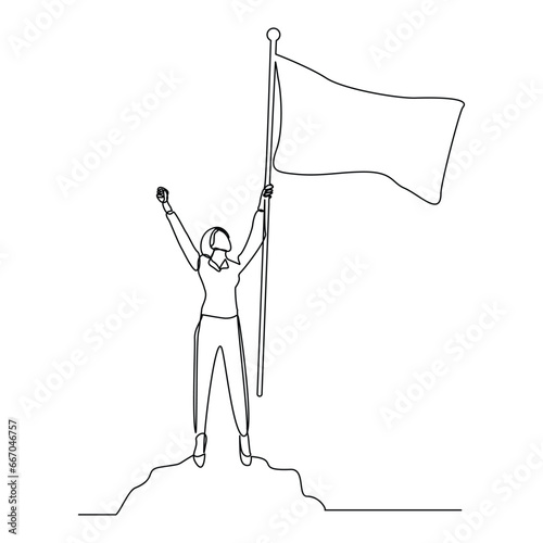Continuous single line sketch drawing of business woman holding flag show success victory work goal. Vector illustration one line of business achievement