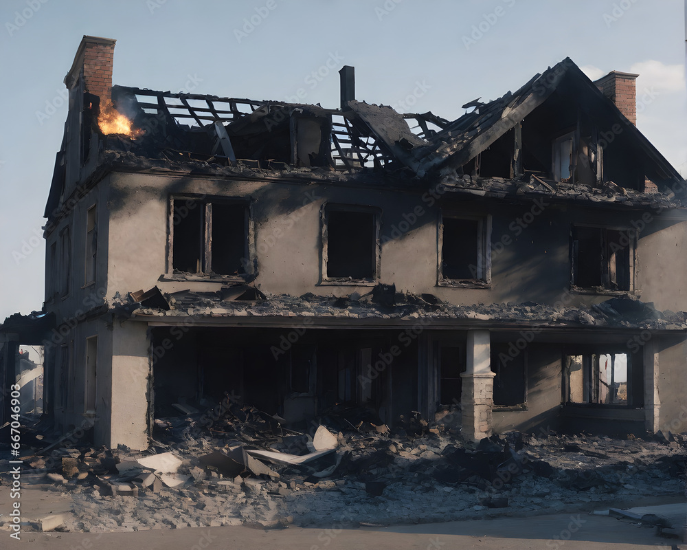 Fototapeta premium War's Devastation: Destroyed Residential Home. generative ai