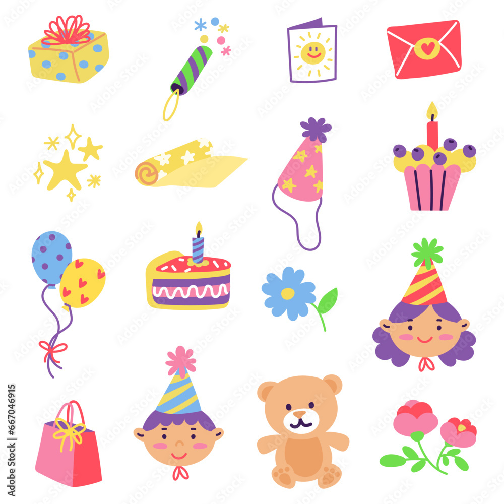 A collection of various festive elements for a birthday party. A set of simple and cute design items. Vector hand-drawn illustration. All elements are isolated. Portraits of birthday people A collection of various festive elements for a birthday party. A set of simple and cute design items. Vector hand-drawn illustration. All elements are isolated. Portraits of birthday people