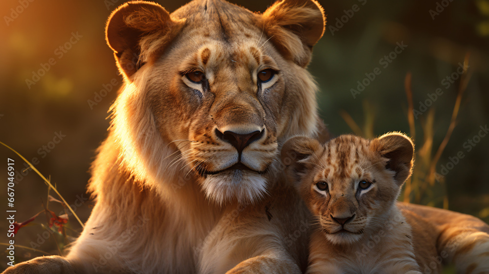 Fototapeta premium The male lion, a majestic and imposing figure, stands alongside a lion cub, exemplifying the contrasts of the animal kingdom. The elder lion exudes strength and wisdom, his mane flowing like a crown.