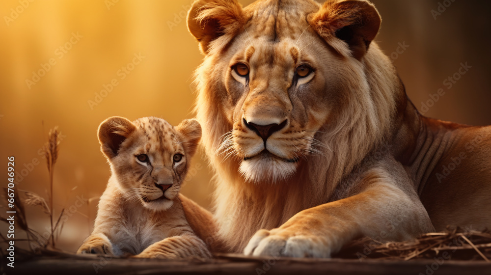 Obraz premium The male lion, a majestic and imposing figure, stands alongside a lion cub, exemplifying the contrasts of the animal kingdom. The elder lion exudes strength and wisdom, his mane flowing like a crown.