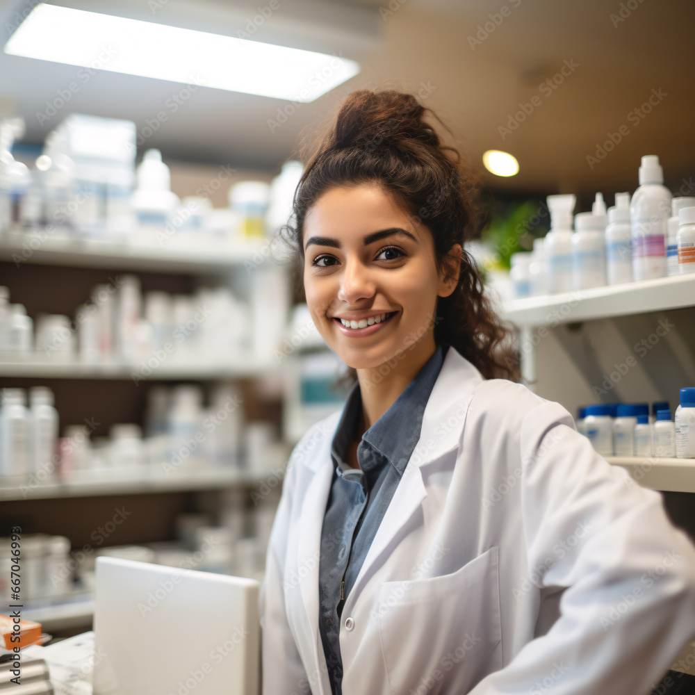 pharmacist stands behind the counter the drug store,a trusted guardian of health and wellness. Surrounded by shelves stocked with medications, vitamins, and healthcare essentials, they embody a source