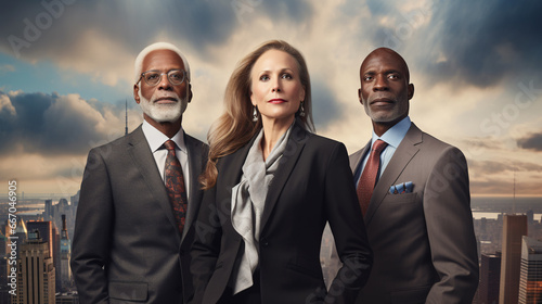 Three seasoned and diverse businesspeople, all in their 60s and impeccably dressed in sharp suits, stand as a testament to a wealth of experience and expertise. Among them, two men and one woman,