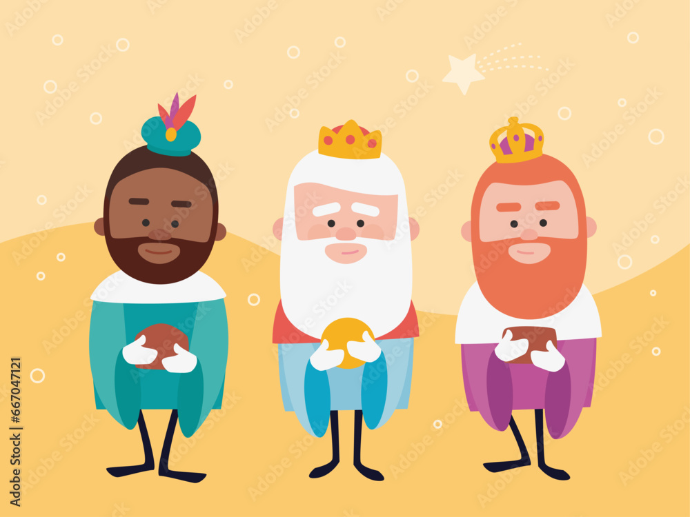 Fototapeta premium Three funny wise men. Kings of orient on yellow background. Christmas vectors.