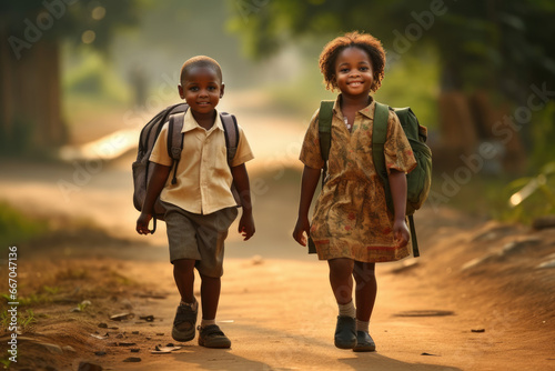 Deux enfants africains sur la route de l'école photo