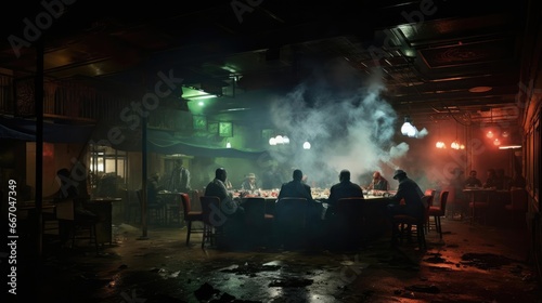 People at a gambling table in cigarette smoke