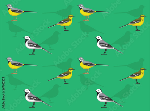 Bird Wagtail White Grey Yellow Cartoon Cute Seamless Wallpaper Background
