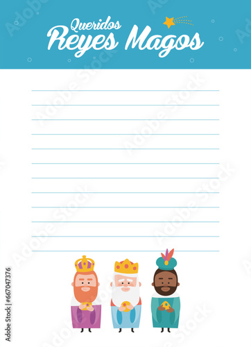 Funny vectorized letter. Dear wise men, written in Spanish.Kings of orient vectors
