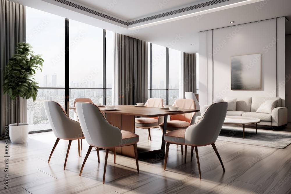wooden dining table with chairs and sofa near white wall, scandinavian modern living room, mid-century home interior design wooden dining table with chairs and sofa near white wall, scandinavian modern living room, mid-century home interior design