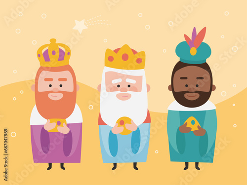 Three funny wise men. Kings of orient on yellow background. Christmas vectors.
