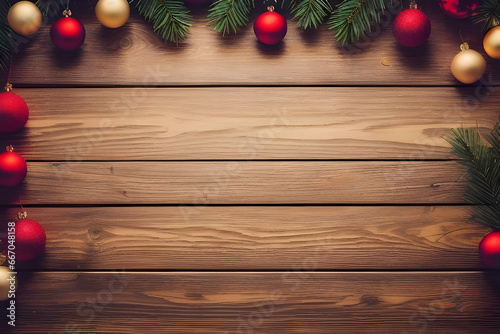 Christmas background, wood with decoration element of xmas, with copy space, wallpaper, generative ai