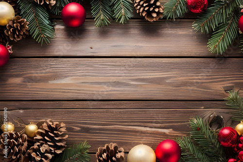 Christmas background, wood, with decoration xmas element, with copy space, wallpaper, generative ai