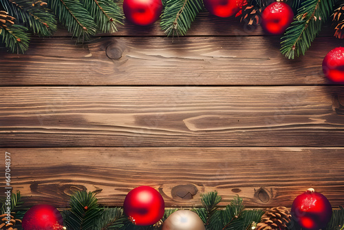 Christmas background, wood, with xmas decoration element, with copy space, wallpaper, generative ai