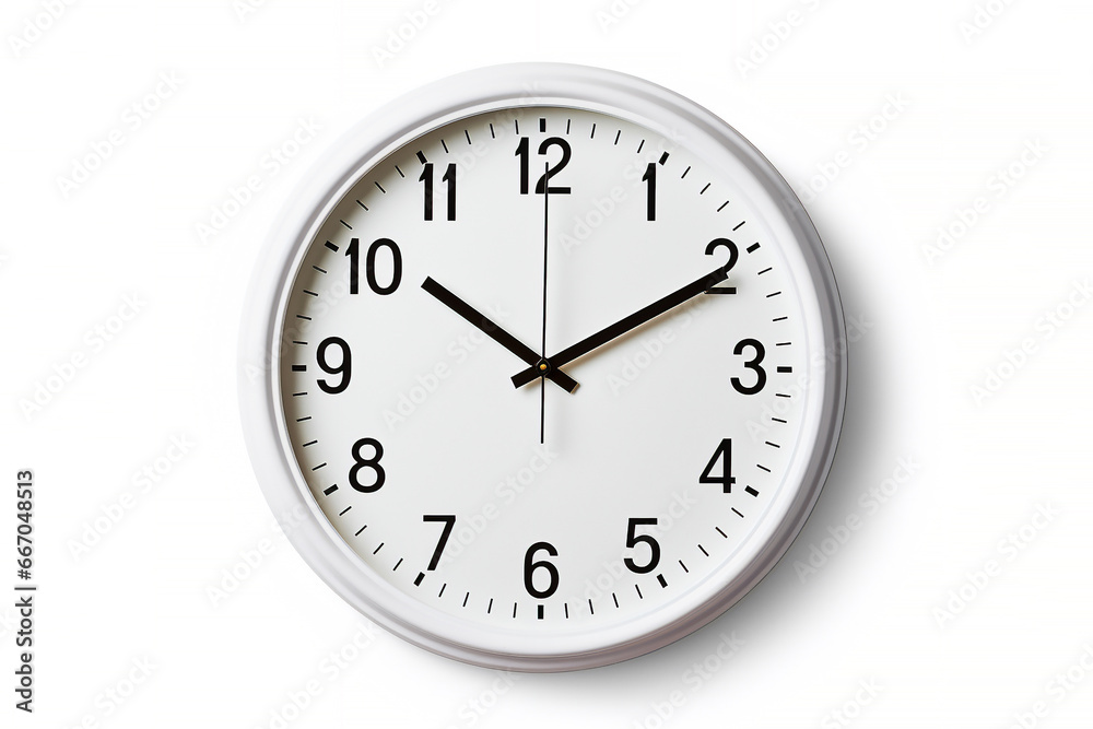 White cream wall clock with a plastic rim, isolated on a white background, computer Generative AI stock illustration image White cream wall clock with a plastic rim, isolated on a white background, computer Generative AI stock illustration image