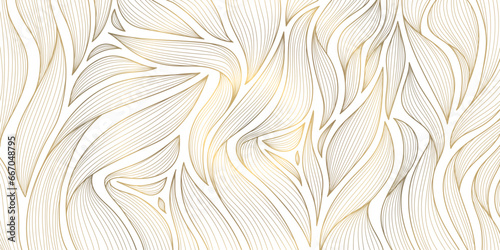 Vector art deco floral pattern, wavy luxury golden line background. Leaves texture, line design for interior, textile, poster, package, wrappers, gifts