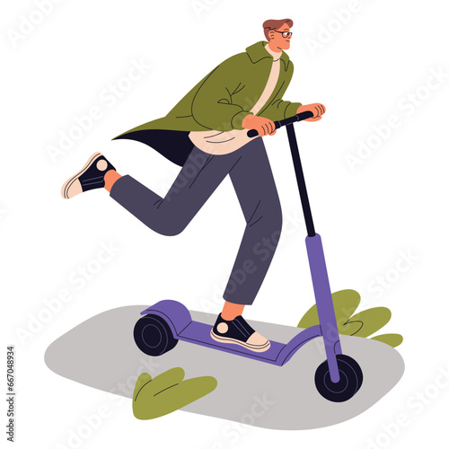 Young man riding on scooter fast, kicking. Active guy drive urban eco transport. Green vehicle for city. Summer activity in park at weekend, holiday. Flat isolated vector illustration on white