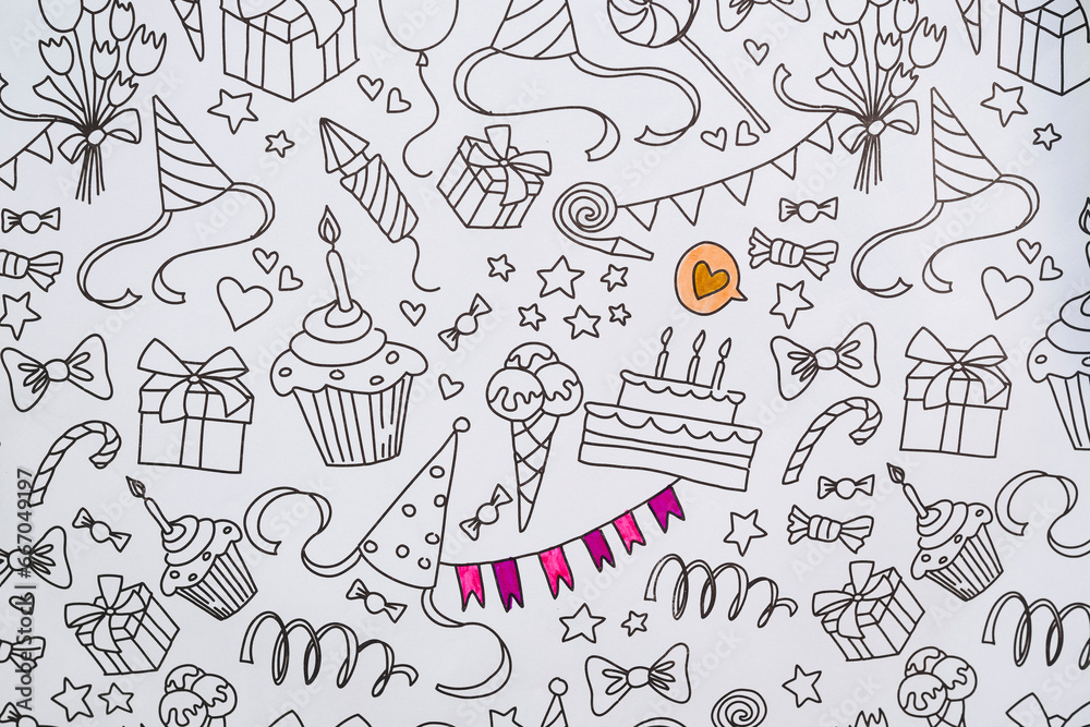 Arrière-plan avec motifs festifs - Coloriage anniversaire noir et blanc