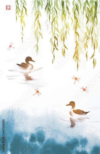 Sumi-e style illustration showcasing peaceful ducks on water beneath cascading willow branches, with ethereal dragonflies and a soft blue watery hue below. Hieroglyph - happiness