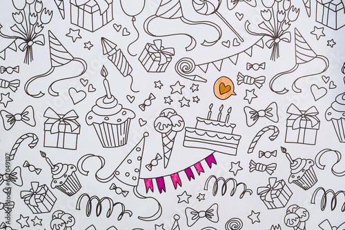 Obraz na płótnie Arrière-plan avec motifs festifs - Coloriage anniversaire noir et blanc w salonie