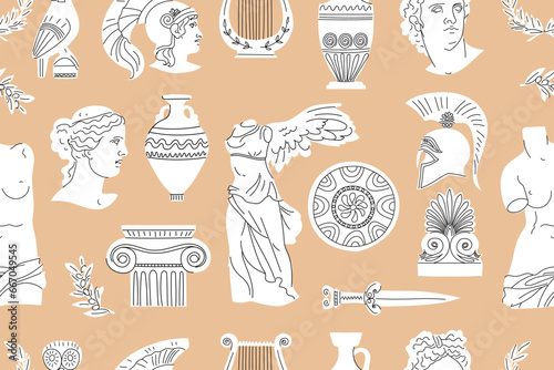 Seamless pattern with ancient Greek sculptures, architectural details, weapons and more. Antique minimalist white elements on a beige background. Head of Venus, David, Apollo, Theseus, amphora, etc. 