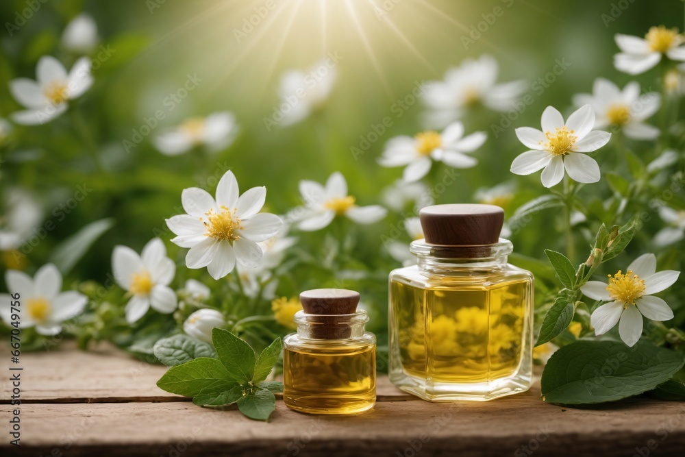 Kleine Fläschchen gefüllt mit Ölen zur Naturkosmetik und Wellness umrahmt von Blumen und Sonnenschein. Kleine Fläschchen gefüllt mit Ölen zur Naturkosmetik und Wellness umrahmt von Blumen und Sonnenschein.