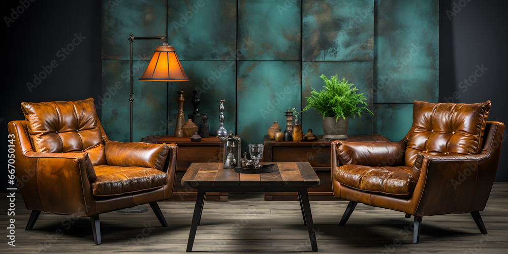 Obraz na płótnie Shabby leather brown sofa and two retro chairs. Art deco style interior design of modern living room w salonie