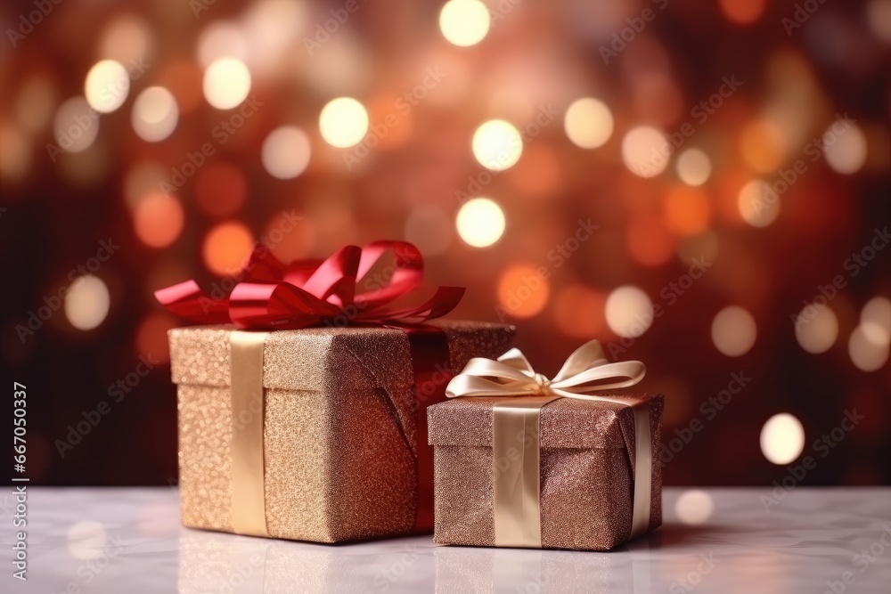 Christmas gift box  against golden lights and bokeh background