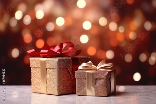 Christmas gift box against golden lights and bokeh background