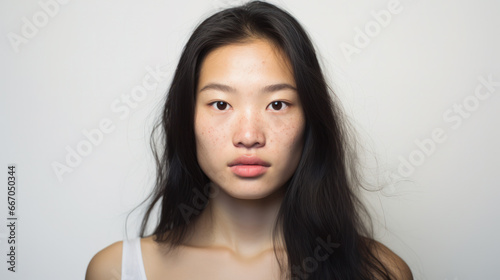 A young woman of Asian appearance with skin imperfections. Rosacea, pigmentation, rashes. Cosmetology concept. Natural beauty photo