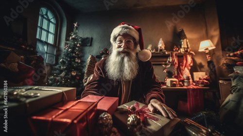 Sant Claus man with gifts on christmas eve