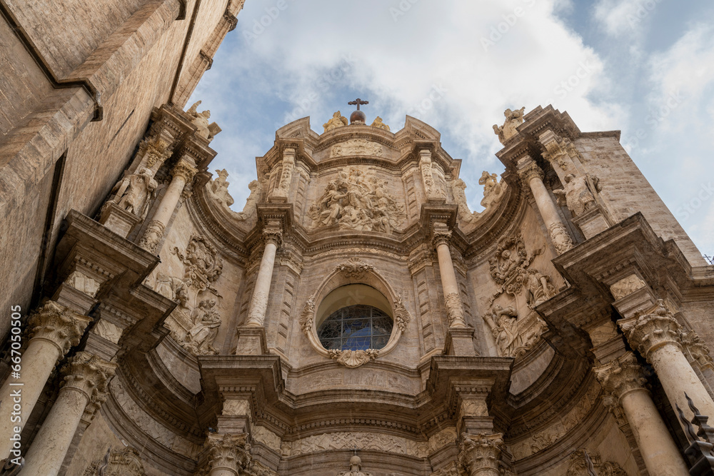 Valencia, Spain - August 17, 2023: Cathedral, detail of the facade