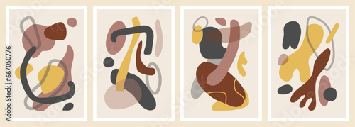 Boho poster set. Colorful organic forms. Hand drawn simple shapes. Flat vector illustration collection influenced by mid-century modern.