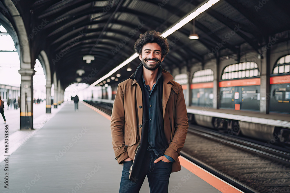 Portrait of latin man with beard smiling on train station platform