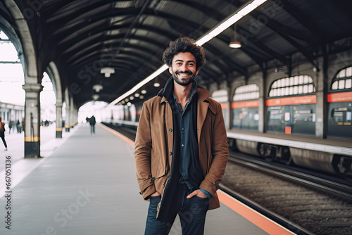 Portrait of latin man with beard smiling on train station platform photo